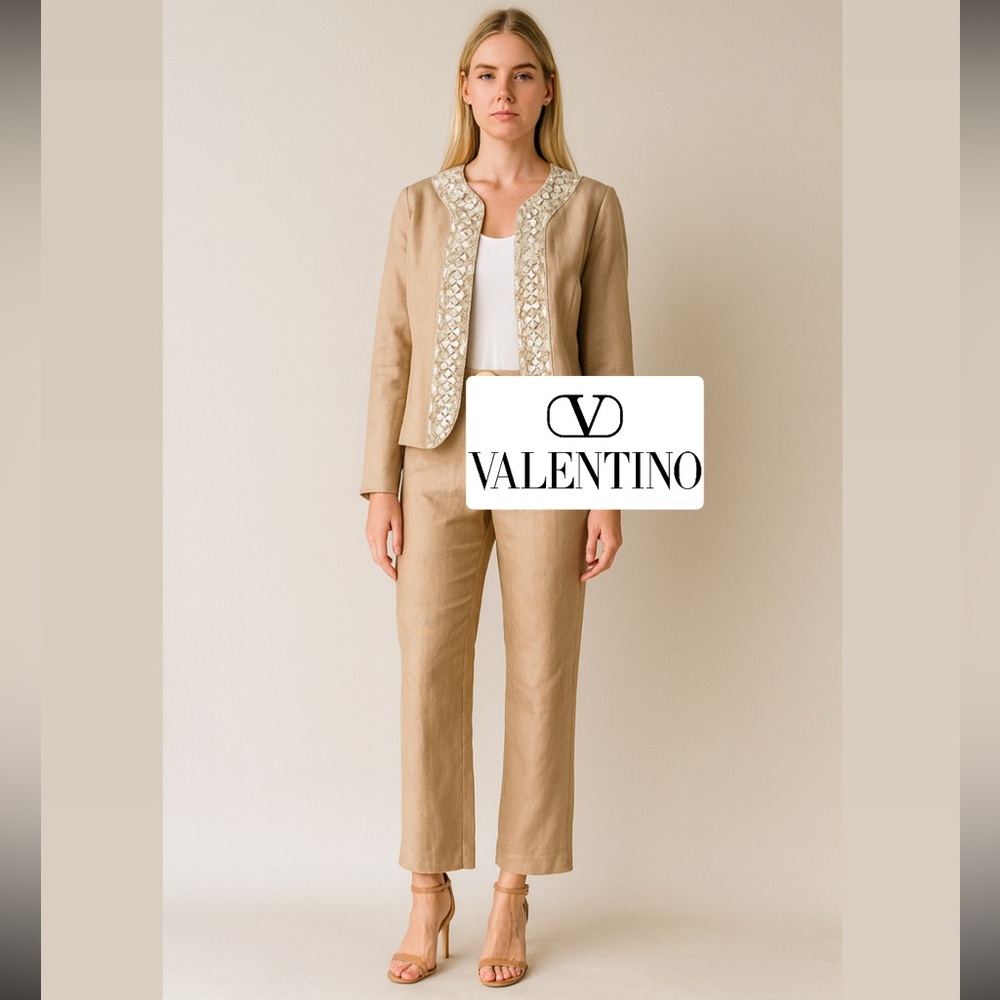 Valentino Vintage Embroidered Embroidery Linen Couture Pantsuit Set Shell Beaded